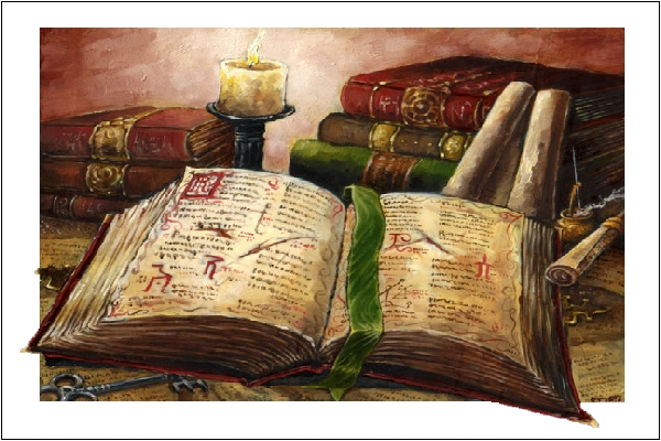 A collection of Scrolls, Journals, and Books also a disregarded key that lays upon a locked journal it seems to fit perfectly.