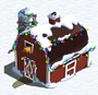 Red barn with snow and lights