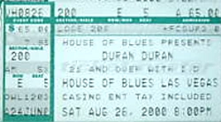 Duran duran ticket house of blues las vegas 26 august 2000
