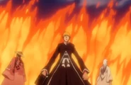 Ichigo, Kyoraku and Ukitake surrounded by Ryujin Jakka