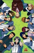 The whole Hyotei team Clockwise from top - Sakaki, Jiro, Hiyoshi, Gakuto, Oshitari, Atobe, Kabaji, Choutarou, Shishido, Taki