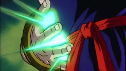 Broly prepares to blast Gohan away with the Eraser Blow