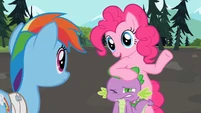 Pinkie Pie resting on Spike's head S2E07