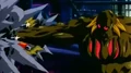 Bio Broly smashing Goten into a wall