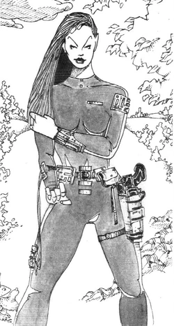 An adult Layahna in her Chameleon suit.