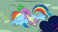 Spike and Rainbow Dash laughing together S1E01