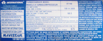 Valve cover sticker from International-Navistar AT190 7.3 liter turbo-diesel engine as installed in 1994 Ford F-350 Turbo Diesel