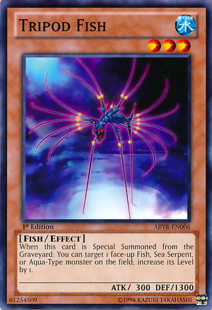 This is an image of the Yu-Gi-Oh card "Tripod Fish". It has far too many fins.