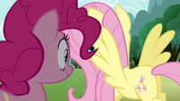 Fluttershy flying over to bush S3E3