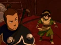 Toph and Sokka atop airship.png