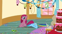 Pinkie Pie sitting on Rainbow Dash S01E25