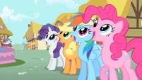 Rarity, Applejack, Rainbow, and Pinkie gasp at Philomena's renewal S01E22
