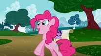 Pinkie Pie standing with her hooves out S1E5