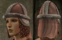 Studded helmet on Leliana