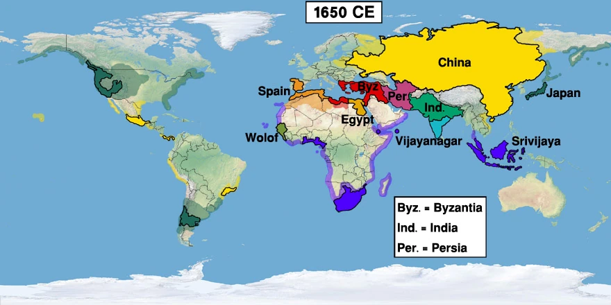 Shown here are the most powerful empires, as well as some other countries of note in 1650.