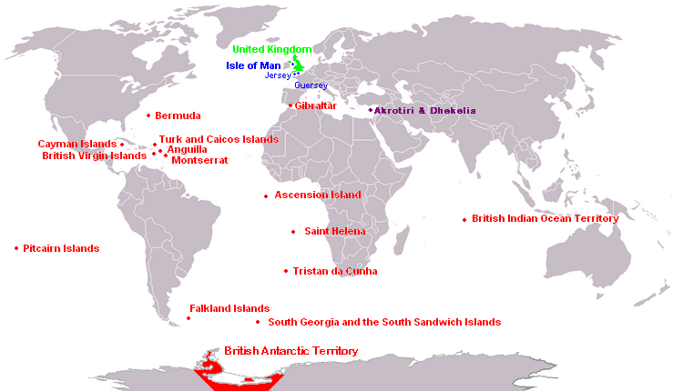Mapa localizador de los Territorios Británicos de Ultramar (rojo), las Dependencias de la Corona (azul) y las Bases Soberanas (morado).