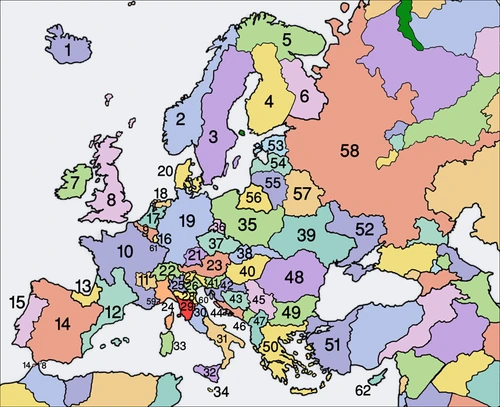 Political map of Europe1.Iceland, 2.Norway, 3.Sweden, 4.Finland, 5.Sami, 6.Karelia, 7.Ireland, 8.Great Britain, 9.Belgium, 10.France, 11.Rhone, 12.Catatania, 13.Euskadi, 14.Spain, 15.Portugal, 16.Luxembourg, 17.Netherland, 18.Frisia, 19.Germany, 20.Denmark, 21.Bavaria, 22.Switzerland, 23.Austria, 24.Liguria and Corsica, 25.Lombardy, 26.Veneto, 27.Rhaetia, 28.Emilio-Romagna, 29.Tuscany, 30.Lazio, 31.Naples, 32.Sicily, 33.Sardinia, 34.Malta, 35.Poland, 36.Lusatia, 37.Czech Republic, 38.Slovakia, 39.Ukraine, 40.Hungary, 41.Slovenia, 42.Croatia, 43.Bosnia, 44.Dalmatia, 45.Serbia, 46.Montenegro, 47.Albania, 48.Romania, 49.Bulgaria, 50.Greece, 51.Byzantia, 52.Khazaria, 53.Estonia, 54.Latvia, 55.Lithuania, 56.Prussia, 57.Belarus, 58.Russia, 59.Monaco, 60.San Marino, 61.Vatican City (To be modified) 62.Cyprus