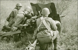 A Czech 37 mm KPÚV vz. 37 anti-tank cannon during the German attack on Oslavany.
