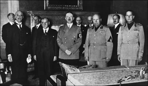 From left to right: Neville Chamberlain, Édouard Daladier, Adolf Hitler, Benito Mussolini and Count Gian Galeazzo Ciano pictured before signing the Munich Agreement.