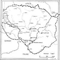 The border in 1938. Kaunas, Vilnius, Merkinė and Trasninkai is highlighted.