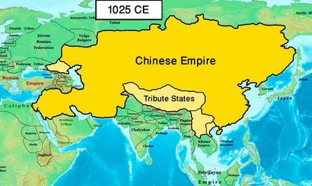 The Chinese Empire under the Zheng Dynasty and its tribute states during the postbellum period at Zheng Luozi's death in 1025 CE.