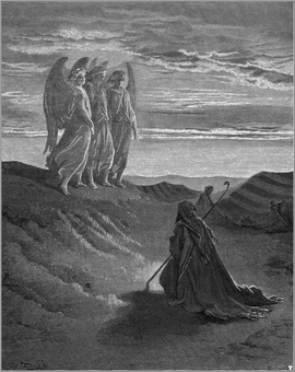Abraão e os três Anjos as portas do purgatório segundo descrição de Dante Alighieri em 1250  gravura de Gustave Doré (1832-1883)
