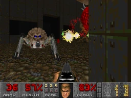 In the upper courtyard of Level 11: 'O' of Destruction!, in Doom II, an arachnotron turns toward the player with intent to kill. The translucent effect on its plasma burst is a feature in some source ports.