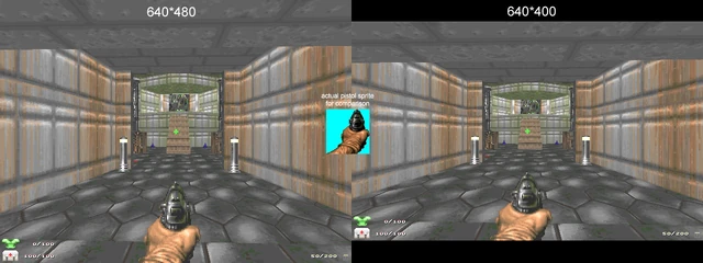 A demonstration of the lack of aspect compensation, with original pistol sprite for aspect comparison.
