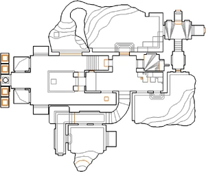 Map of MAP02 (second release,) with additional "block monster" linedefs in the west of the map to prevent imps from wandering out of reach