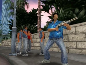 Tommy Vercetti con una SPAS 12, y con miembros de los Sharks detras.