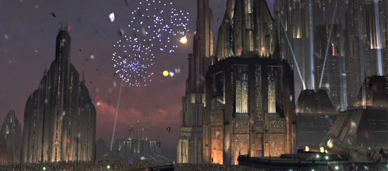 Vista del Templo Jedi durante la celebracion de la caida del Imperio en Coruscant.