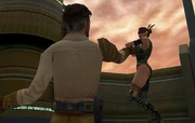 Kyle Katarn usa estrangulamiento de Fuerza contra Tavion en Bespin.