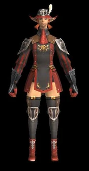 An elvaan female in full Red Mage Relic Armor