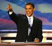 Obama addresses the 2004 Democratic National Convention as keynote speaker.