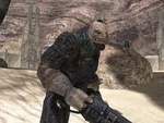 A Brute stripped of most Power Armor. Note that Brutes in Halo 3 have shaved faces and a carefully groomed beard.