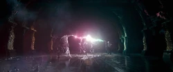 Albus Dumbledore locked in combat with Voldemort.