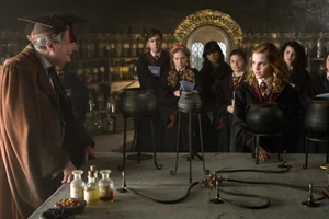 Hermione in Potions class in her sixth year, with an impressed Professor Slughorn.
