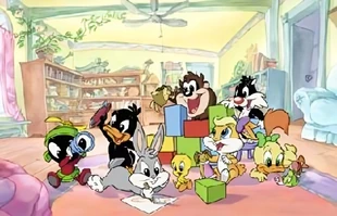 The Baby Looney Tunes: from left to right: Baby Marvin, Baby Daffy, Baby Bugs, Baby Tweety, Baby Taz, Baby Lola, Baby Sylvester, and Baby Melissa.