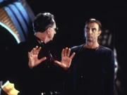 Rene Auberjonois directs Marc Alaimo on the set of "Strange Bedfellows"