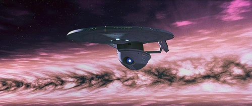 The USS Excelsior moments after impact with a subspace shock wave following the explosion of the Klingon moon, Praxis. (Star Trek VI: The Undiscovered Country)