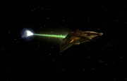 A Lokirrim patrol ship fires on the Delta Flyer II