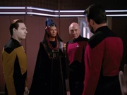 Ambassador T'Pel together with Riker, Picard and Data