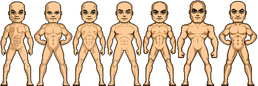 Evolution of the modern Micro-heroes template, Asymmetrical temp, Kirby Mark 1, Byrne Mark 1, Infantino (first template to have three tones), Byrne Mark 2, Timm, and Kirby Mark2, all created by Robert Bradley