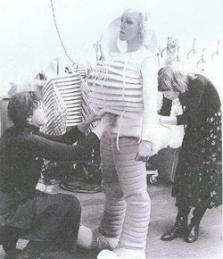 Betsy Baytos, being fitted with the different elements of Betsy Bird.