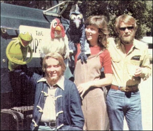On the set of The Muppet Movie: Steve Whitmire with Kermit, Kathy Mullen with Camilla and Dave Goelz with Gonzo.