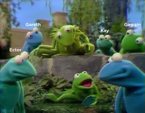Kermit points out Ector by name in a previous shot. He hops by very quickly, but a mint-green color can easily be made out to distinguish him from the others.