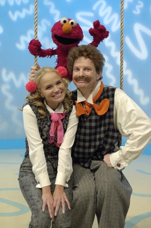 Elmo with Mr. Noodle and Mr. Noodle's siter, Ms. Noodle.