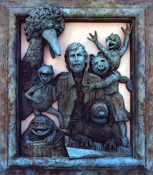 A sculpture honoring Jim Henson hanging outside of the Television Academy building in North Hollywood.