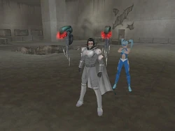 Unconventional allies: The heroine Fusionette, Arachnos Arbiter Sands and his pet Drones 