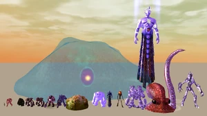 Hamidon, in the back, shown with other monsters for scale